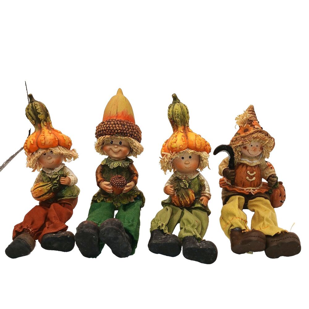 Set of 4 Fall & Halloween Resin Anthropomorphic Gourd Shelf Sitters